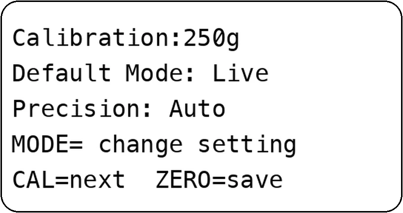 Settings screen listing calibration weight, default mode and precision