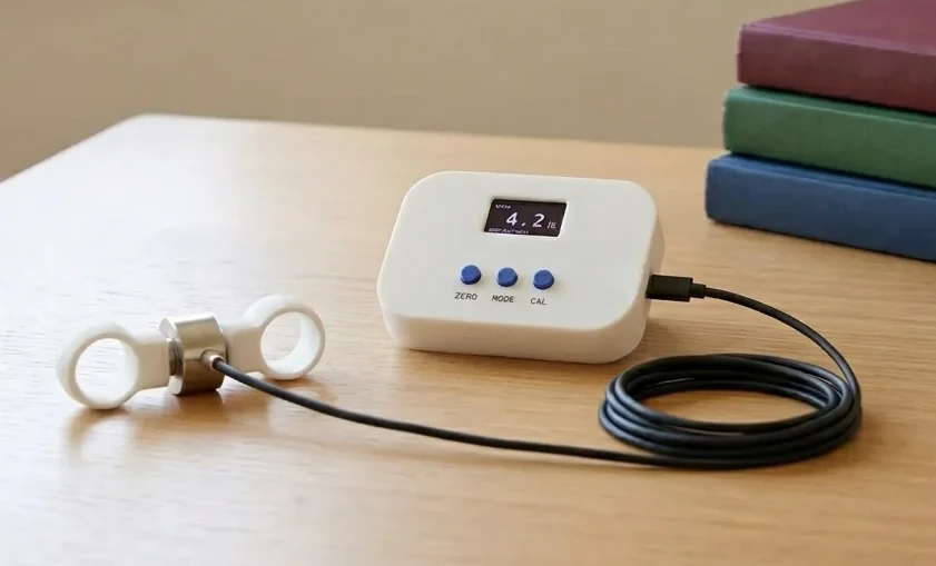 Splayometer device with finger ring attachments on a clinician's desk